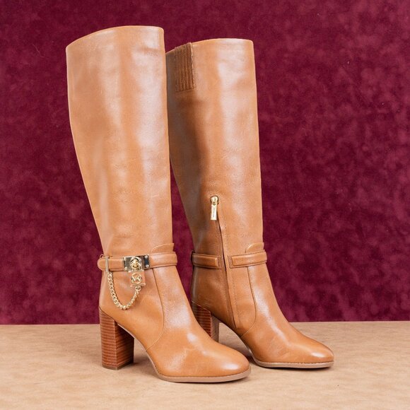 Michael Kors Women Hamilton Logo Brown Leather Heeled Tall Boots size 7 - Picture 1 of 10
